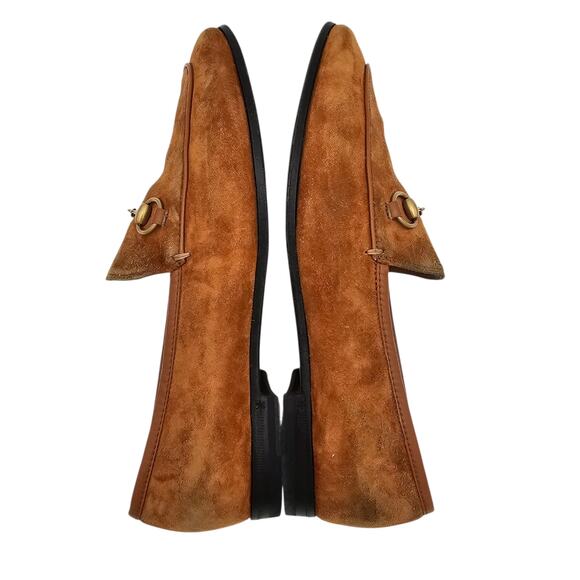 Gucci Jordaan Horsebit Flat Slip On Loafer Brown Suede Gold Size 37.5 US 7.5 - Picture 5 of 10